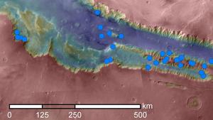 Seasonal dark streaks especially common in Valles Marineris